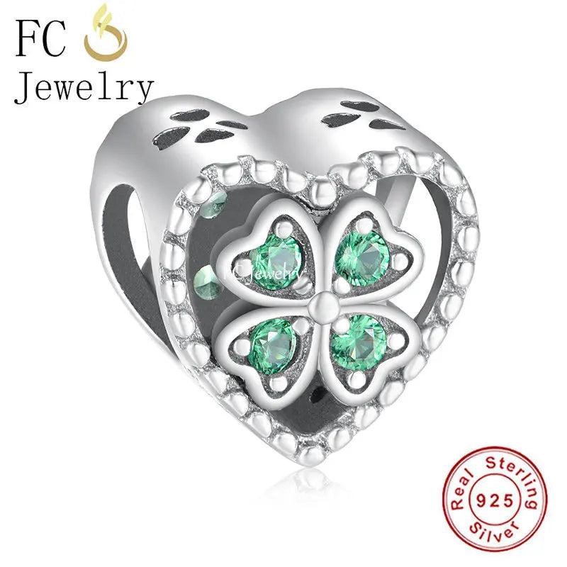 925 Silver Four Leaf Clover Love Heart Bead Bracelet Charm