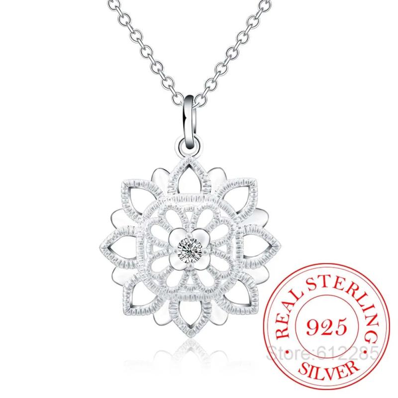 Vintage Crystal Flower Statement Pendant Necklace 925 Sterling Silver Jewelry