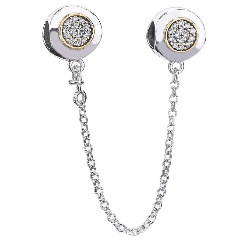 Two-tone Signature With Crystal Safety Chain Beads 925 Sterling Silver