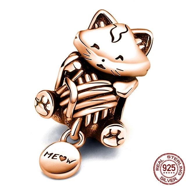 925 Silver Kitten Charm Beads for Bracelets DIY Woman Charms