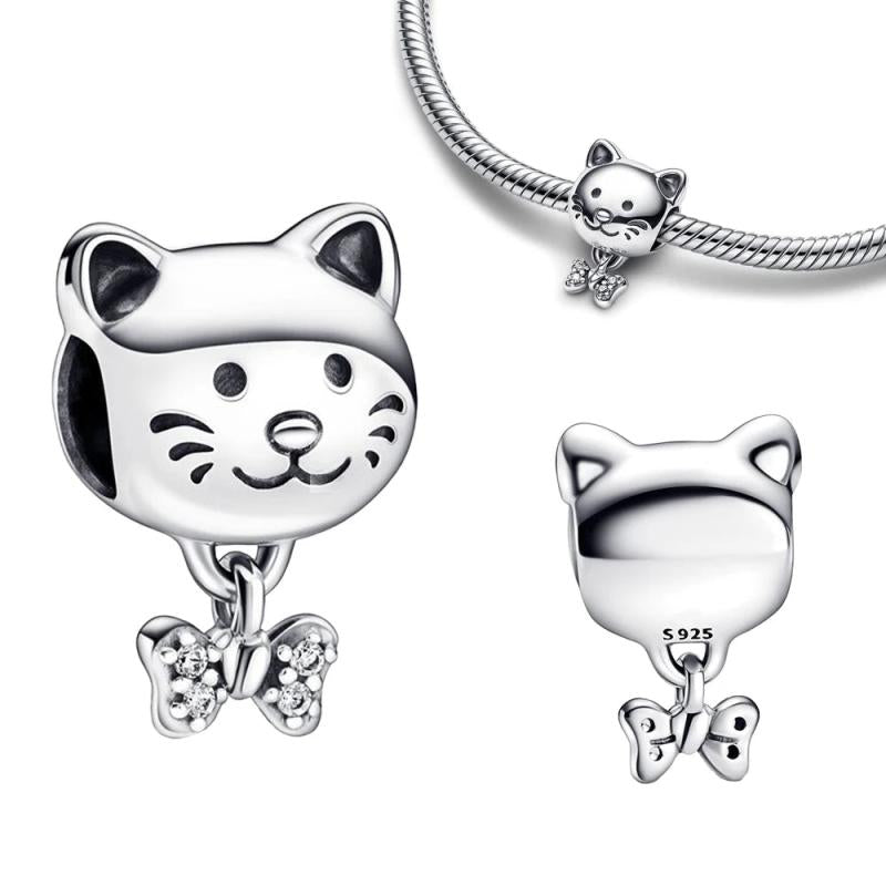 925 Silver Cat & Bow Charm Beads for Bracelets DIY Woman Charms