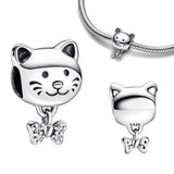 925 Silver Cat & Bow Charm Beads for Bracelets DIY Woman Charms