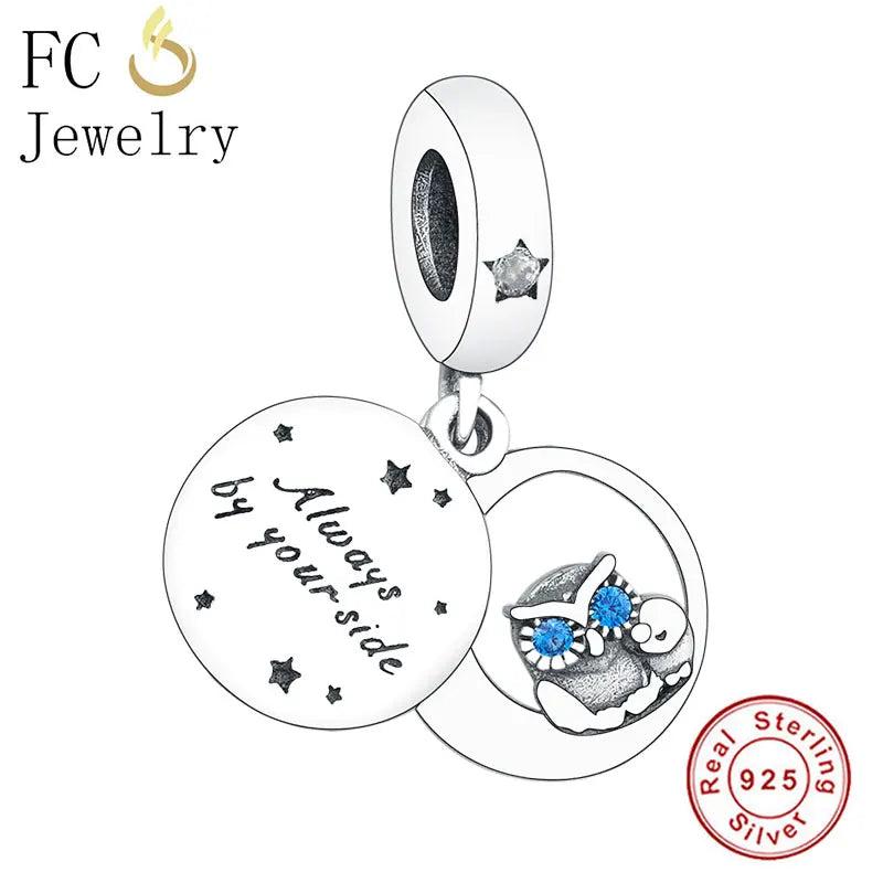 925 Silver Dad Baby Son Owl Eye Bead Pendant Charm Fit Bracelet