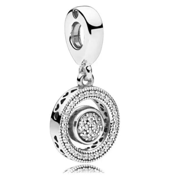 925 Silver Charm Spinning Hearts Crystal Beads Pan Bracelet Necklace