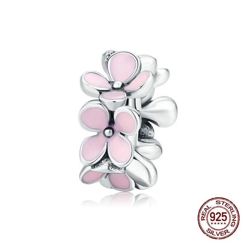 Pink Flower Beads Enamel Charm 925 Sterling Silver Jewelry