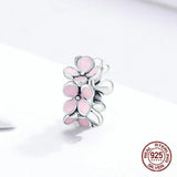 Pink Flower Beads Enamel Charm 925 Sterling Silver Jewelry