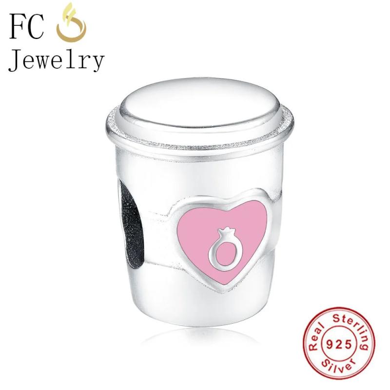 925 Sterling Silver Pink Enamel Coffee Mugs Cup Rings Beads for Charm Bracelet