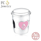 925 Sterling Silver Pink Enamel Coffee Mugs Cup Rings Beads for Charm Bracelet