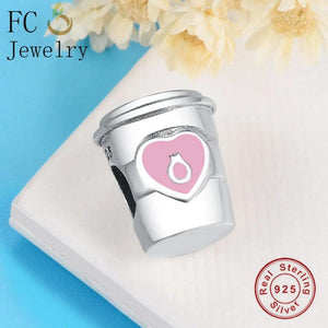 925 Sterling Silver Pink Enamel Coffee Mugs Cup Rings Beads for Charm Bracelet
