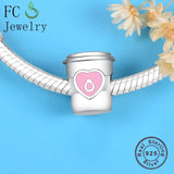 925 Sterling Silver Pink Enamel Coffee Mugs Cup Rings Beads for Charm Bracelet
