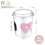 925 Sterling Silver Pink Enamel Coffee Mugs Cup Rings Beads for Charm Bracelet
