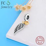 925 Silver Heart Lock Angel Wing Feather Charm Bracelet Bead