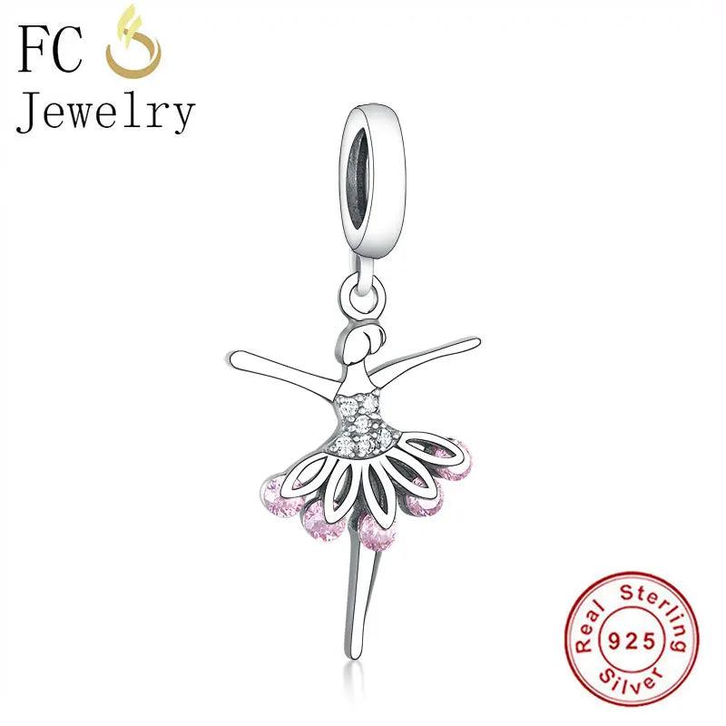 925 Silver Ballet Girl Pink Skirt Pendant Bead for Charm Bracelet