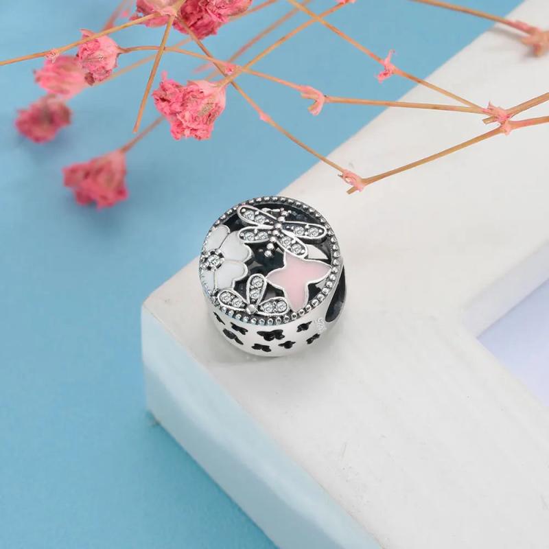 925 Sterling Silver Pink Dragonfly Butterfly Flower Bead Charm Bracelet