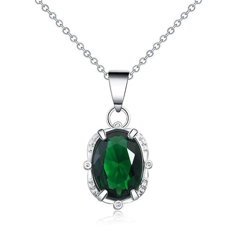 925 Silver Green CZ Oval Pendant Necklace for Women