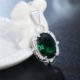 925 Silver Green CZ Oval Pendant Necklace for Women