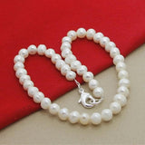 925 Silver Pearl Beads Necklace Women Wedding Charm Jewelry