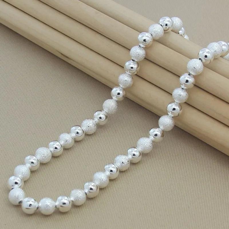 925 Silver 8mm Frosted Beads Necklace Glossy Finish Charm Jewelry