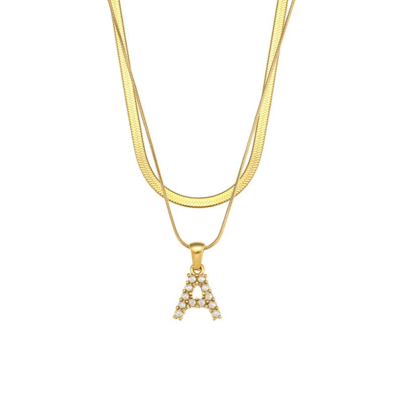 Waterproof Stainless Steel 18K Plated Simulated Pearl Letter Necklace