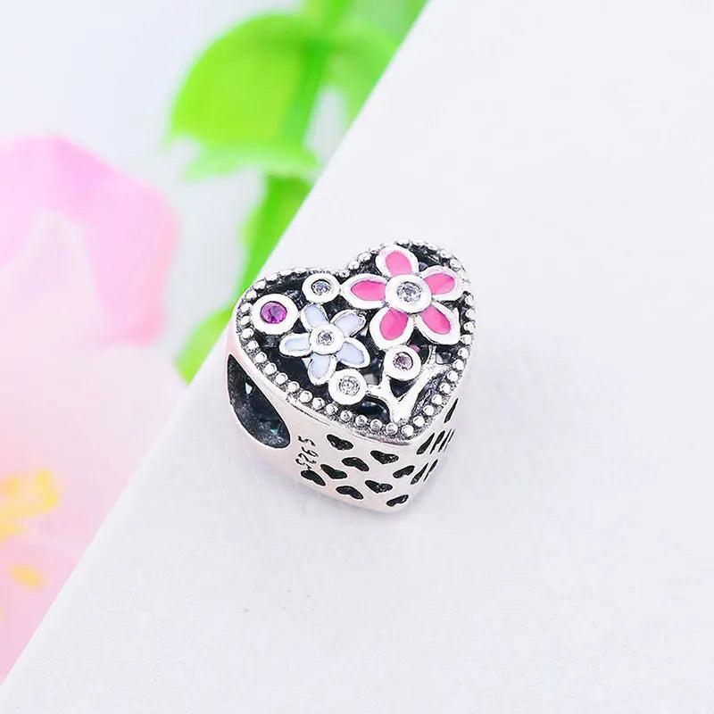 925 Silver Pink Enamel Flower Daisy Bead Charm Bracelet Women Berloque