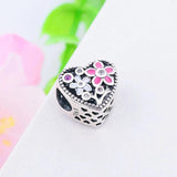 925 Silver Pink Enamel Flower Daisy Bead Charm Bracelet Women Berloque