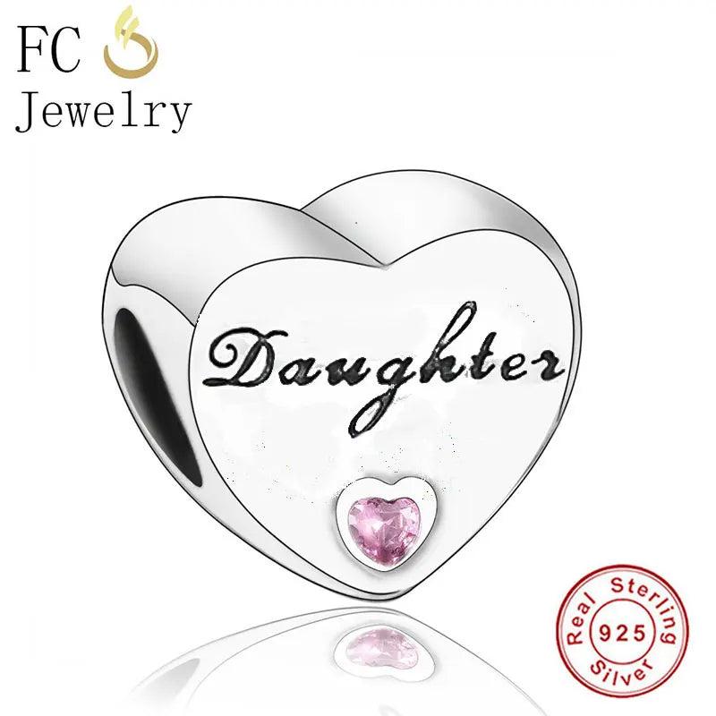 925 Silver Daughter Love Heart Pink Zircon Bead Bracelet