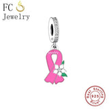 925 Silver Pink Ribbon Flower Butterfly Charms Bracelet