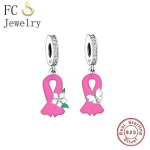 925 Silver Pink Ribbon Flower Butterfly Charms Bracelet
