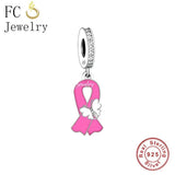 925 Silver Pink Ribbon Flower Butterfly Charms Bracelet
