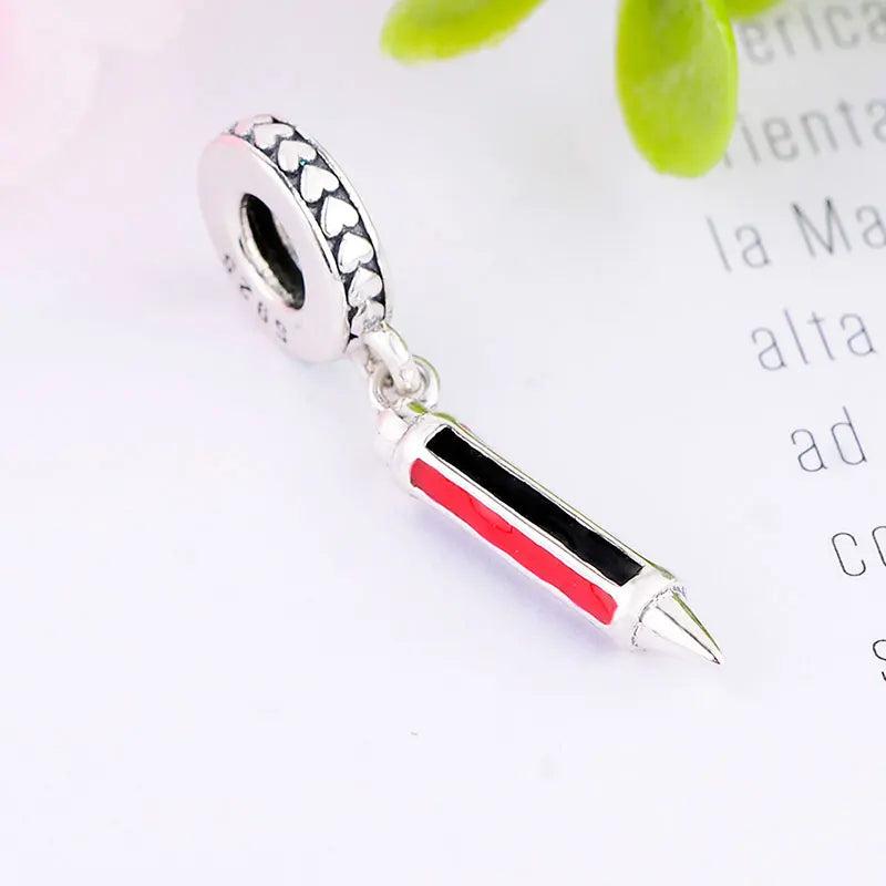 925 Silver Red Enamel Pencil Pen Bead Pan Charm Bracelet Necklace