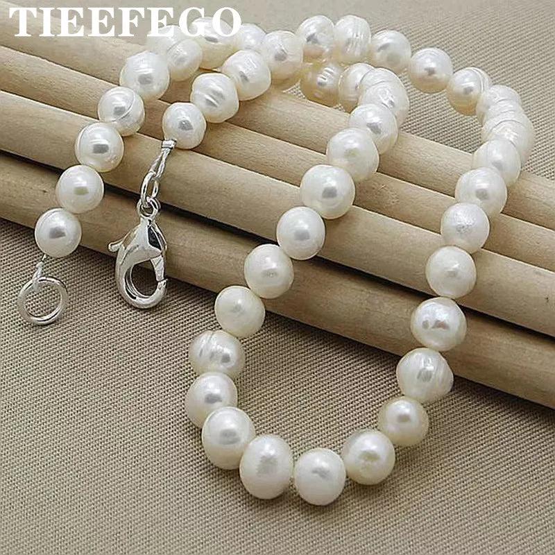 8mm Natural Pearl 925 Sterling Silver Chain Necklace Woman