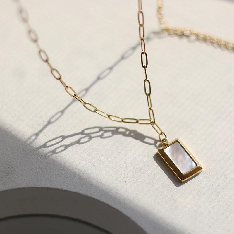 Minimalist Stainless Steel Paper Clip Chain Mother of Shell Pendant Necklace