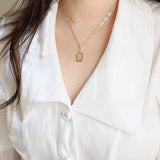 Minimalist Stainless Steel Paper Clip Chain Mother of Shell Pendant Necklace