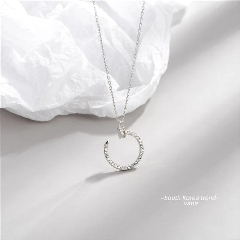 925 Silver Rhinestone C Nail Pendant Necklace