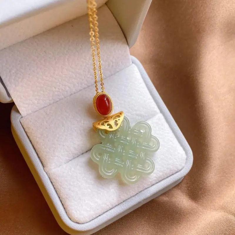 Chalcedony Chinese Knot Pendant Necklace with Silver Inlay