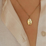 Oval Plate Engraving Rose Flower Pendant Necklace Stainless Steel
