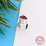 925 Silver Snowman Red Hat Bracelet Charm Winter Berloque