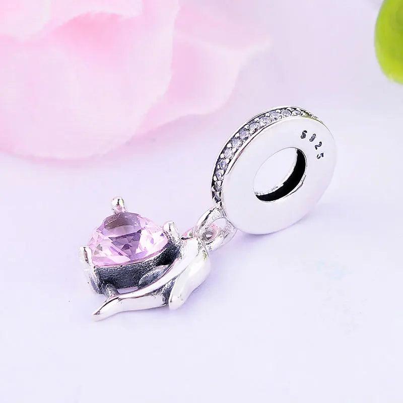 Dolphin Heart Pink Stone Pendant Bead 925 Silver Charm Bracelet
