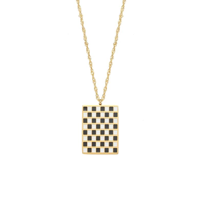 Geometric Enamel Checker Pendant Necklace in Stainless Steel