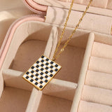 Geometric Enamel Checker Pendant Necklace in Stainless Steel