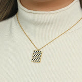 Geometric Enamel Checker Pendant Necklace in Stainless Steel