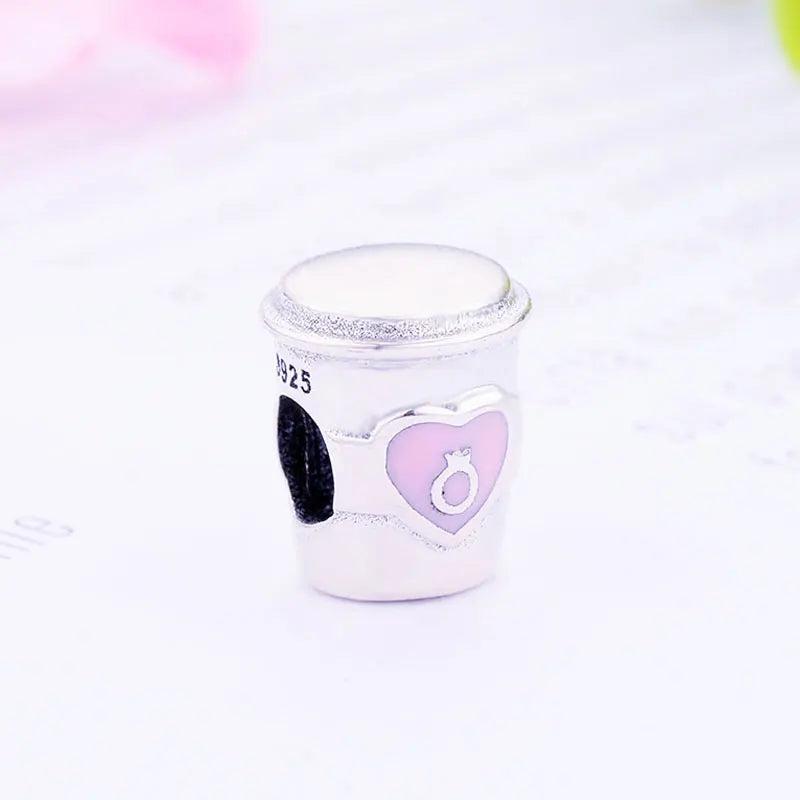 925 Silver Coffee Cup Pink Enamel Bead for Charm Jewelry Making