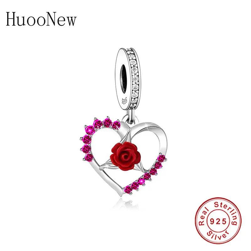 925 Silver Pink Zircon Rose Flower Bead Bracelet Charm for Women