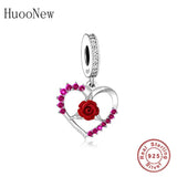 925 Silver Pink Zircon Rose Flower Bead Bracelet Charm for Women