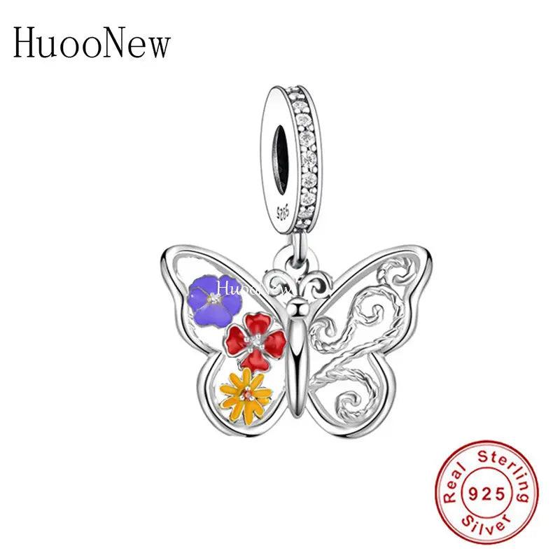 925 Sterling Silver Butterfly Flower Bead Bracelet Charm
