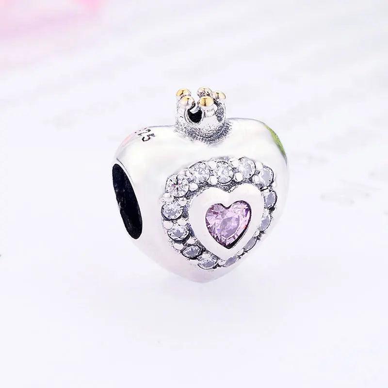 925 Silver Pink Zircon Princess Crown Heart Bead Pan Charm