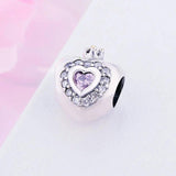 925 Silver Pink Zircon Princess Crown Heart Bead Pan Charm