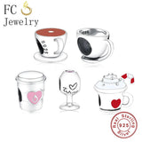 925 Sterling Silver Love Heart Coffee Cup Wine Charms Bracelet