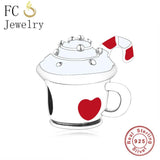 925 Sterling Silver Love Heart Coffee Cup Wine Charms Bracelet