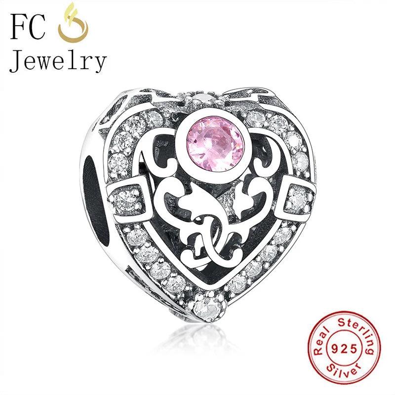 925 Silver Heart Pink Zirconia Charms Bracelet Bead